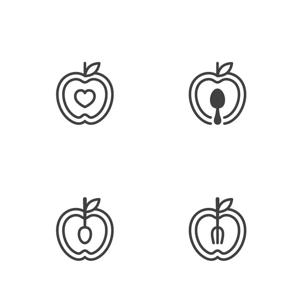 Apple Frutta Icone Contorno Tratto Set Disegno Illustrazione Bianco Nero — Vettoriale Stock
