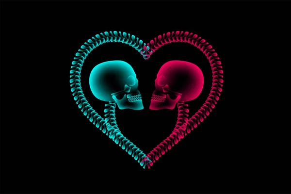 头骨夫妇 射线与心脏框架符号由脊柱 爱概念设计 侧面图在黑暗背景下隔绝发光 与拷贝空间 — 图库矢量图片