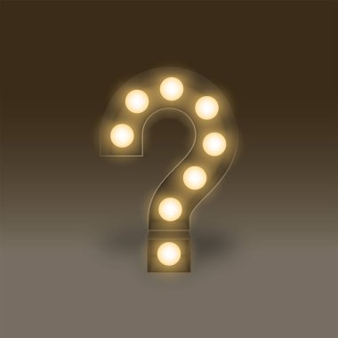 Sembol akkor ampul kutu set soru işareti işareti simgesini, illüstrasyon retro 3d tarzı ışıltısı içinde koyu arka plan izole.