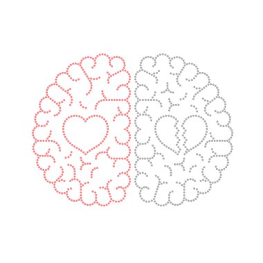 Vektör eps 10 sol ve sağ beyin, aşk kavramı anahat kontur nokta düz tasarım ile kalp sembol illüstrasyon izole kopya alanı, beyaz zemin üzerine
