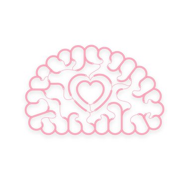 Elektrikli tel kablo beyin pembe rengi, aşk konsept tasarımı ile kalp işareti sembol illüstrasyon izole kopya alanı, vektör eps 10 beyaz zemin üzerine