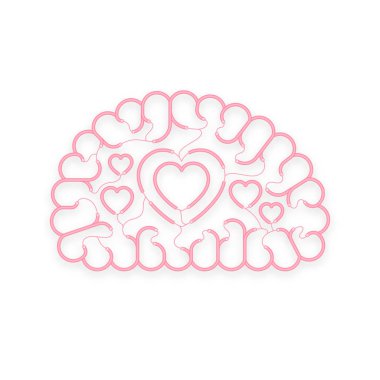 Elektrikli tel kablo beyin pembe rengi, aşk konsept tasarımı ile kalp işareti sembol illüstrasyon izole kopya alanı, vektör eps 10 beyaz zemin üzerine