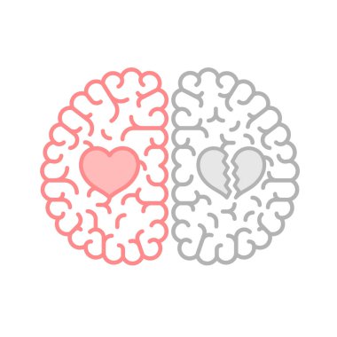 Sol ve sağ beyin, kalp sembol illüstrasyon izole kopya alanı, beyaz zemin üzerine ile aşk kavramı anahat kontur düz tasarım eps 10 vektör