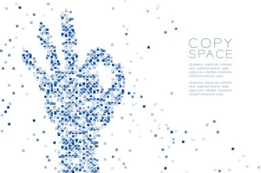 Soyut geometrik kare kutu model Ok el şekli, işaret dili konsept tasarım mavi renk illüstrasyon izole kopya alanı, vektör eps 10 beyaz zemin üzerine