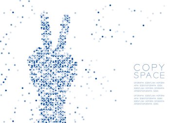 Soyut geometrik daire nokta deseni zafer el şeklini, işaret dili konsept tasarım mavi renk illüstrasyon izole kopya alanı, vektör eps 10 beyaz zemin üzerine