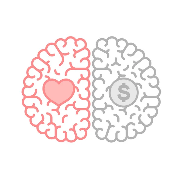 Lewej Prawej Mózgu Miłość Pieniądze Koncepcja Kontur Obrysu Płaska Konstrukcja — Wektor stockowy