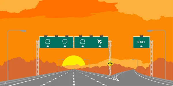 连接高速公路或机动车路和绿色标志在 Surise 日落时间例证隔绝在橙色天空背景 — 图库矢量图片