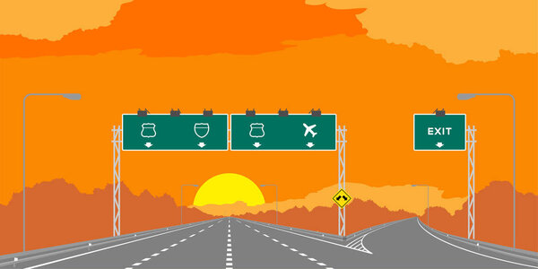 Y junction Highway or motorway and green signage in surise, sunset time illustration isolated on orange sky background