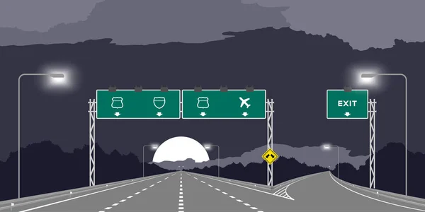 Kreuzung Autobahn Oder Autobahn Und Grüne Beschilderung Der Nacht Illustration — Stockvektor