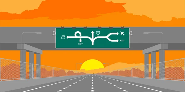 道路地下道高速道路または高速道路やサンライズ サンセットの緑看板時間図のオレンジ色の空を背景に分離 — ストックベクタ