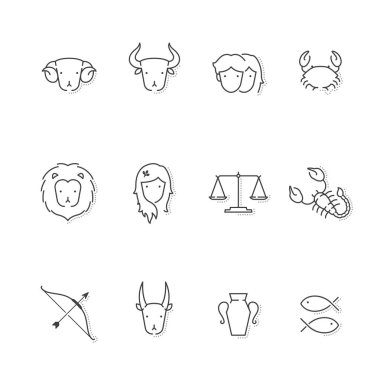Zodyak takımyıldızı gölge simgesi anahat darbesiyle çizgi çizgi tasarım illüstrasyon izole beyaz arka plan üzerinde ayarla
