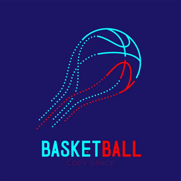 バスケットボールシューティング アイコンのアウトラインのストローク設定バスケット ボール テキストとコピー領域と暗い青色の背景に分離されたダッシュ線設計図 — ストックベクタ