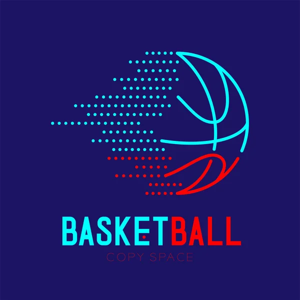 バスケット ボール ダッシュ アイコン パスのアウトライン設定バスケット ボール テキストとコピー領域と暗い青色の背景に分離されたダッシュ線設計図 — ストックベクタ