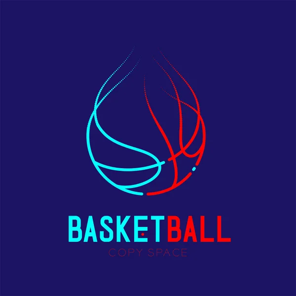 バスケットボールシューティング火ロゴ アイコン パスのアウトライン設定バスケット ボール テキストとコピー領域と暗い青色の背景に分離されたダッシュ線設計図 — ストックベクタ