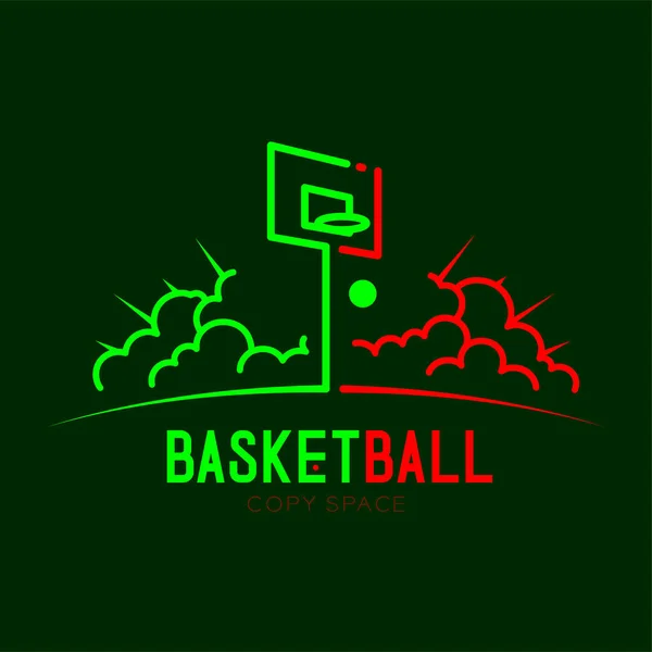 带云半径标志图标的篮球篮圈描边设置虚线设计插图在深绿色背景下与篮球文本和复制空间隔离 — 图库矢量图片
