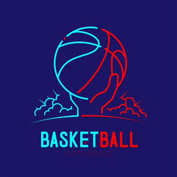 クラウド半径ロゴ アイコン アウトライン ストローク設定ダッシュ ライン デザイン イラスト バスケット ボール テキストとコピー領域と暗い青色の背景に分離されたバスケット — ストックベクタ