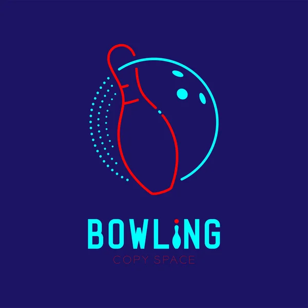 ピンのロゴ アイコン輪郭とボーリング設定テキストとコピー領域をボーリングと暗い青色の背景に分離されたダッシュ線設計図 — ストックベクタ