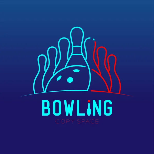Logo simge anahattı kontur çizgi çizgi tasarım illüstrasyon izole mavi degrade arka plan metin ve kopya alanı Bovling ile set pin ile Bovling