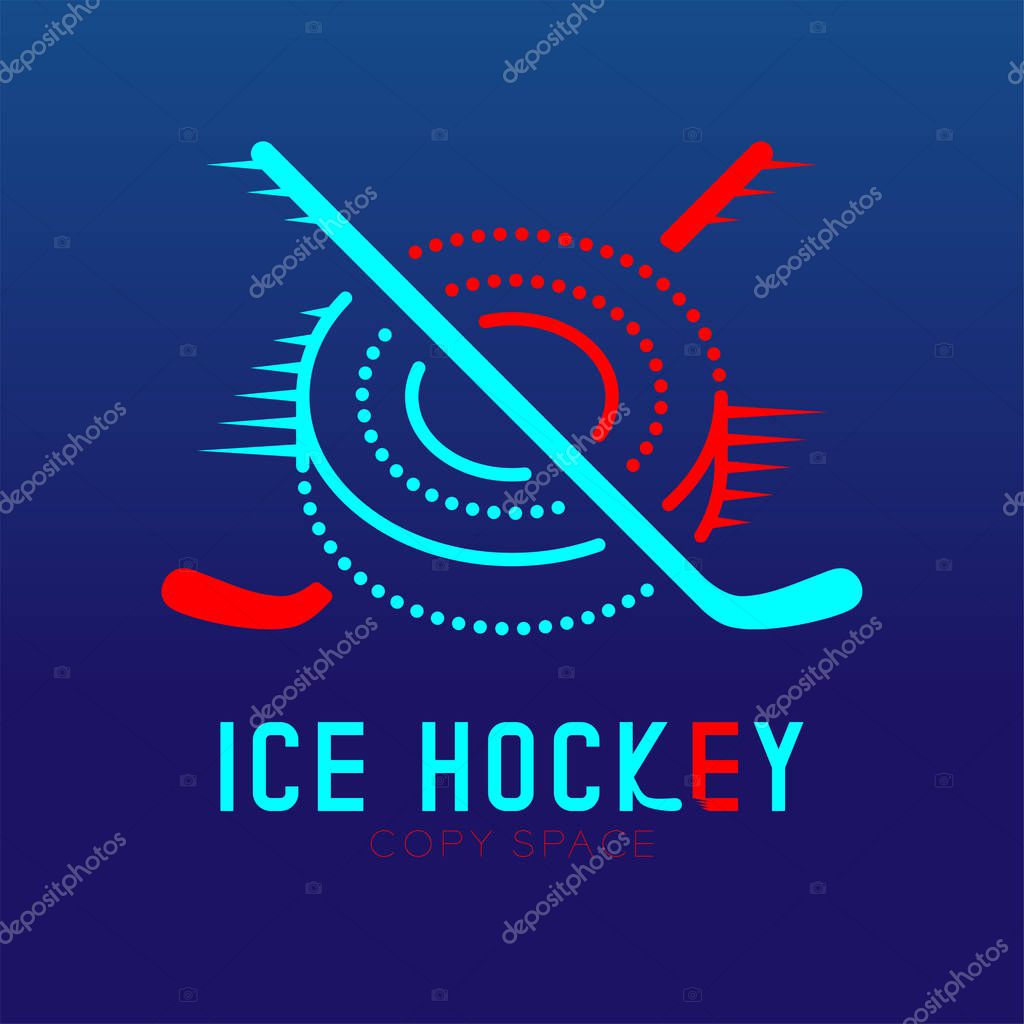 Ice hockey cross with puck logo icon outline stroke set dash line design illustration isolated on dark blue background with ice hockey text and copy space