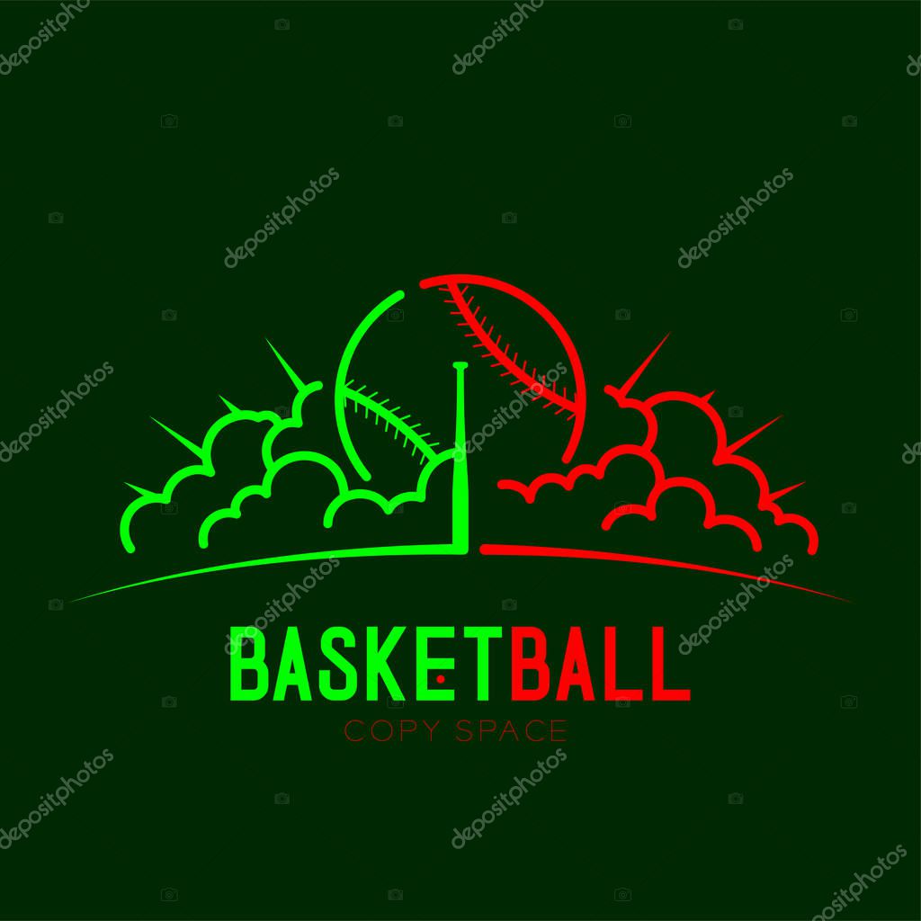 Baseball with bat and radius cloud logo icon outline stroke set dash line design illustration isolated on dark green background with baseball text and copy space