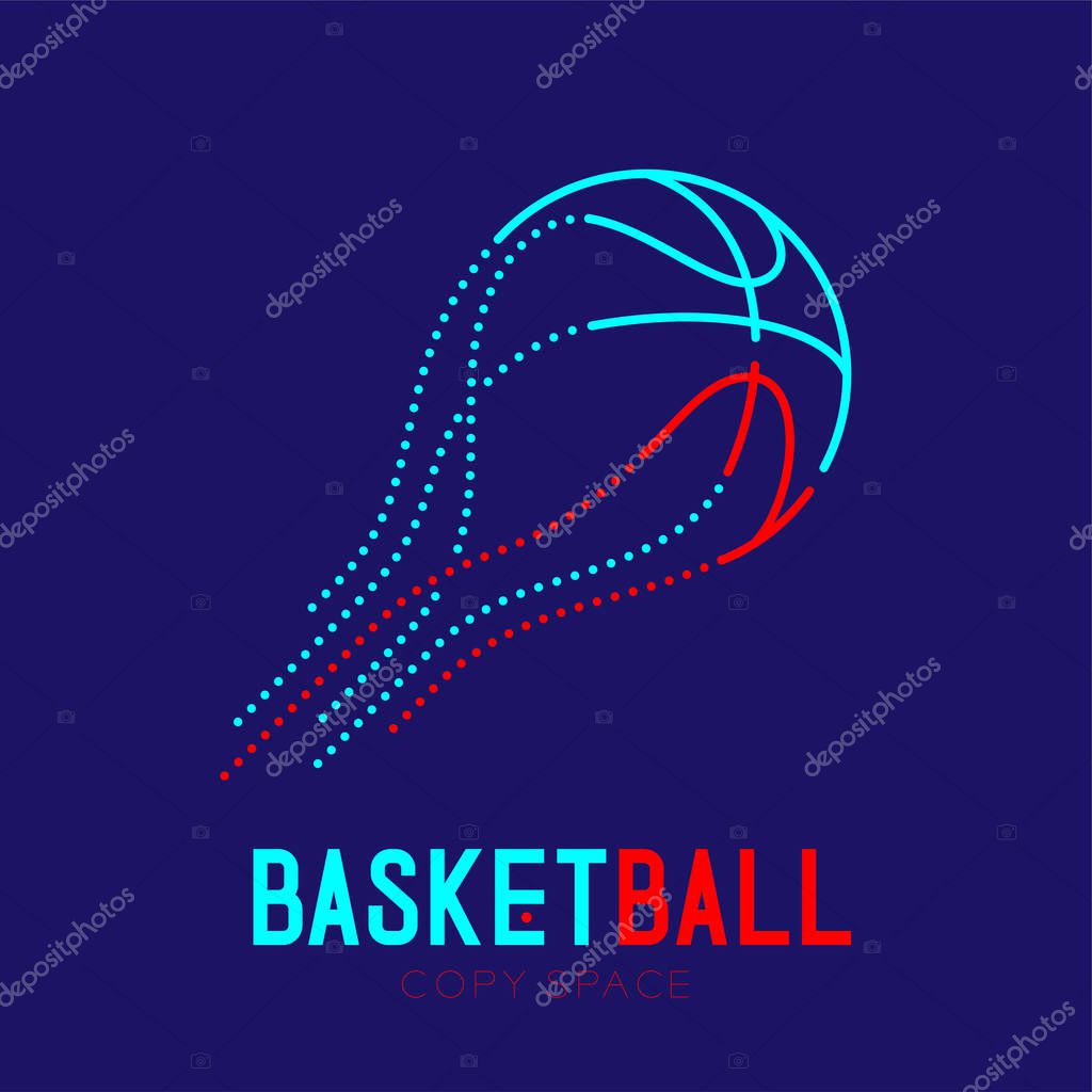 Basketball shooting logo icon outline stroke set dash line design illustration isolated on dark blue background with basketball text and copy space