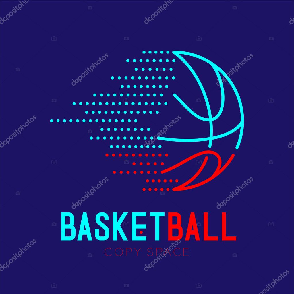 Basketball dash logo icon outline stroke set dash line design illustration isolated on dark blue background with basketball text and copy space