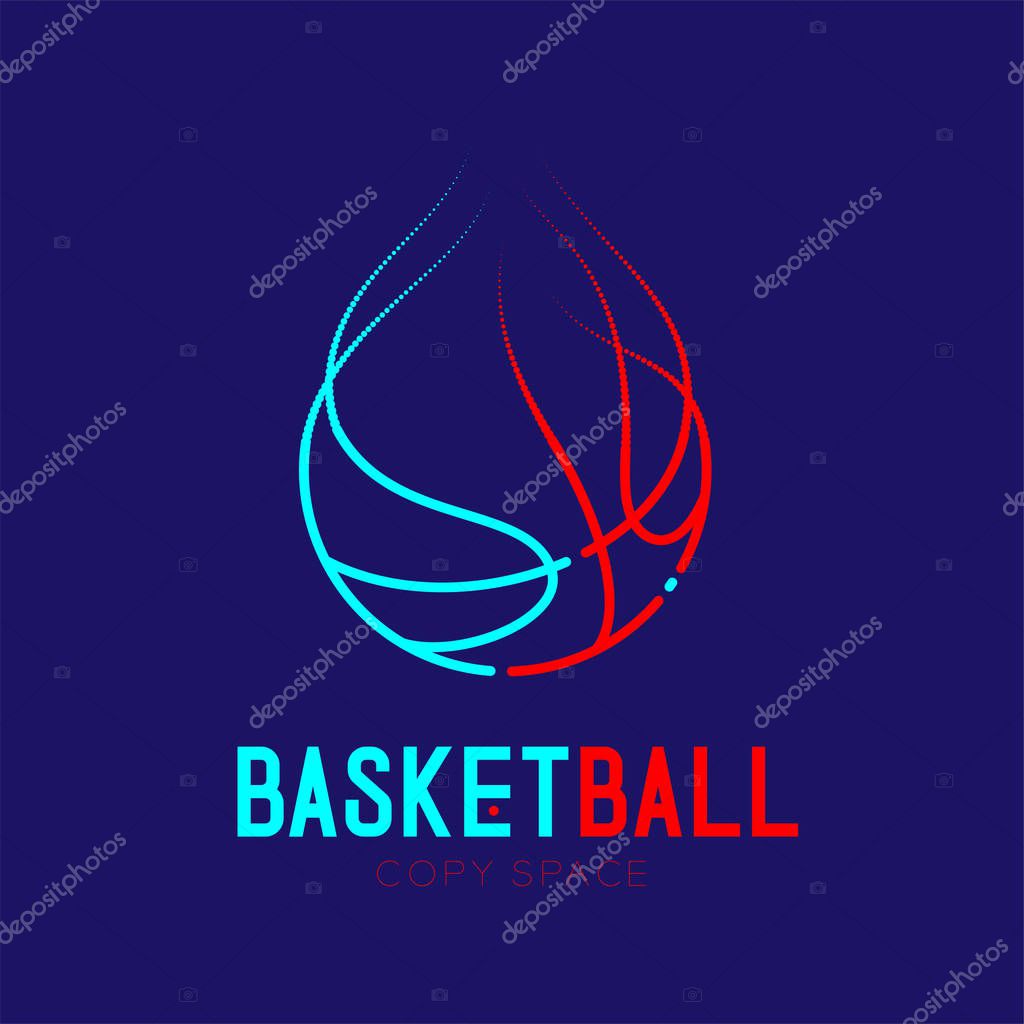 Basketball shooting fire logo icon outline stroke set dash line design illustration isolated on dark blue background with basketball text and copy space