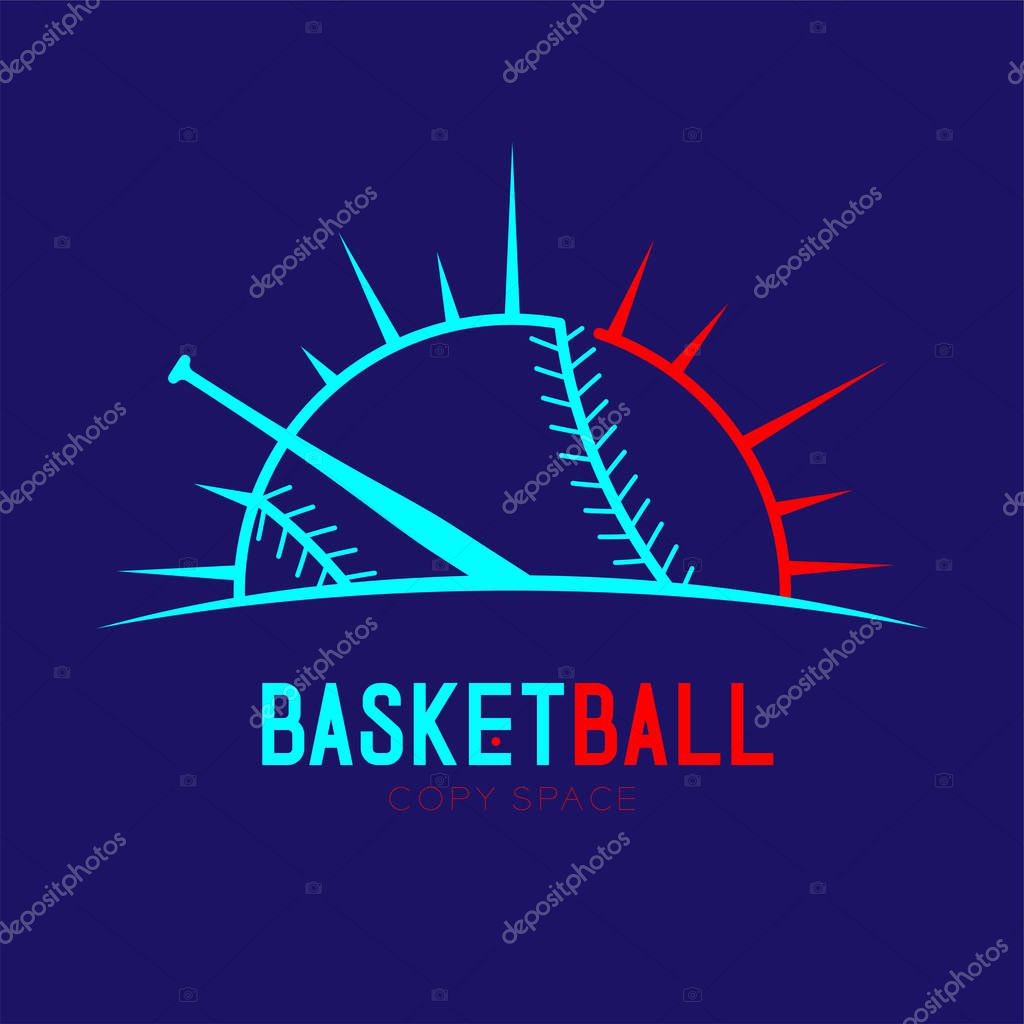 Baseball with bat and radius frame logo icon outline stroke set dash line design illustration isolated on dark blue background with baseball text and copy space