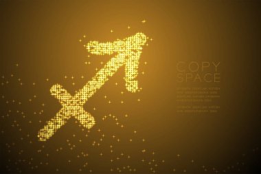 Parlak yıldız deseni Yay burç işareti şekli soyut, takımyıldızı konsept tasarım altın rengi illüstrasyon izole kahverengi degrade arka plan kopya alanı, vektör eps 10 ile yıldız