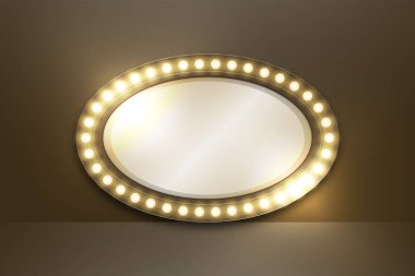 Ayna ile akkor ampul kutusu çerçeve oval şekil koymak, illüstrasyon retro 3d stil izole kızdırma kopya alanı, vektör eps 10 ile koyu arka plan