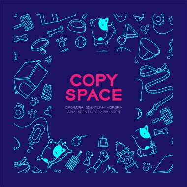 El çizim set desen arka planda kare çerçeve illüstrasyon koyu mavi renk zemin, merkezi kopya alanı üzerine izole köpek ve ekipman