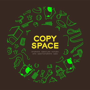 Çocuklar köpek ve ekipman çizim set desen arka planda daire kare illüstrasyon izole kahverengi renk zemin, merkezi kopya alanı üzerine el