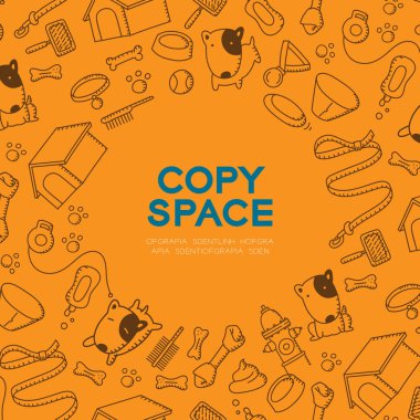 Çocuklar köpek ve ekipman çizim set desen arka plan illüstrasyon kahverengi rengi turuncu zemin, merkezi kopya alanı daire şekli üzerine izole el