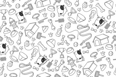 Dikişsiz desen arka plan köpek ve ekipman çocuklar çizim set resimde siyah renk beyaz arka plan üzerinde izole el