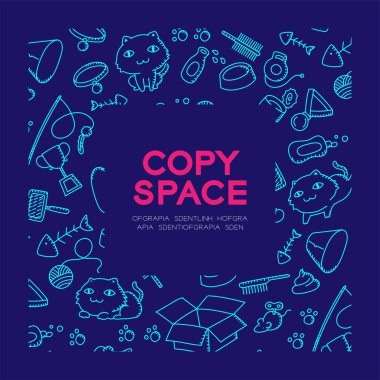 El çizim set desen arka planda kare çerçeve illüstrasyon koyu mavi renk zemin, merkezi kopya alanı üzerine izole kedi ve ekipman