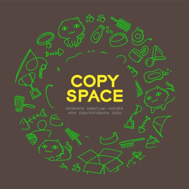 Kedi ve ekipman çocuklar çizim set desen arka planda daire kare illüstrasyon izole kahverengi renk zemin, merkezi kopya alanı üzerine el