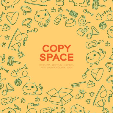 Çizim set desen arka plan illüstrasyon kahverengi rengi turuncu renk zemin, merkezi kopya alanı daire şekli üzerine izole kedi ve ekipman çocuklar el