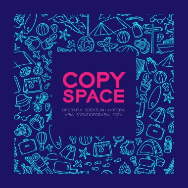 Seyahat etmek simge çocuklar çizim set desen arka planda kare çerçeve illüstrasyon koyu mavi renk zemin, merkezi kopya alanı üzerine izole el