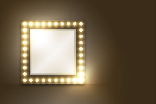 Зеркало с рамкой квадратной формы лампочки Incandescent, иллюстрация в стиле ретро 3D, изолированная свечение на темном фоне с пространством для копирования, вектор eps 10
