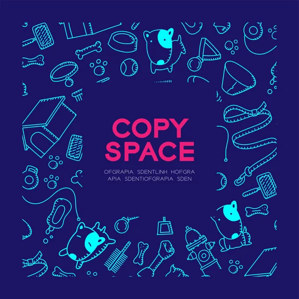 El çizim set desen arka planda kare çerçeve illüstrasyon koyu mavi renk zemin, merkezi kopya alanı üzerine izole köpek ve ekipman