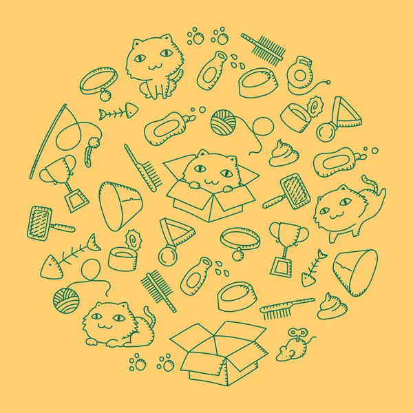 Katze Und Ausrüstung Kinder Hand Zeichnung Set Muster Hintergrund Kreis — Stockvektor