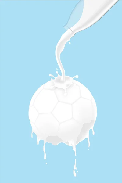 Melk Gieten Soccer Ball Vorm Van Glazen Fles Melk Werelddag — Stockvector