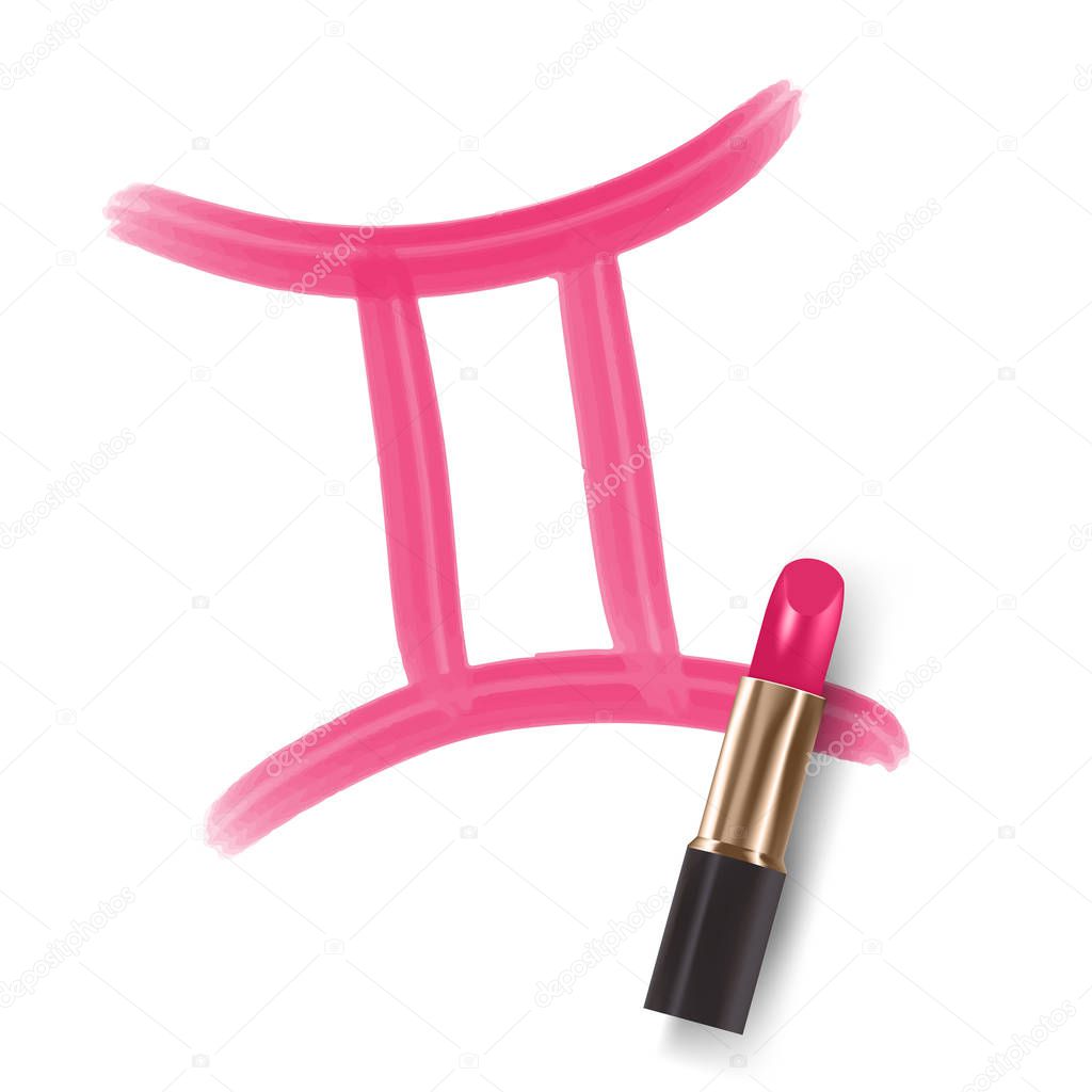Gemini Zodiac sign write by Lipstick pink color illustration, star constellation concept design isolated on white background, with copy space