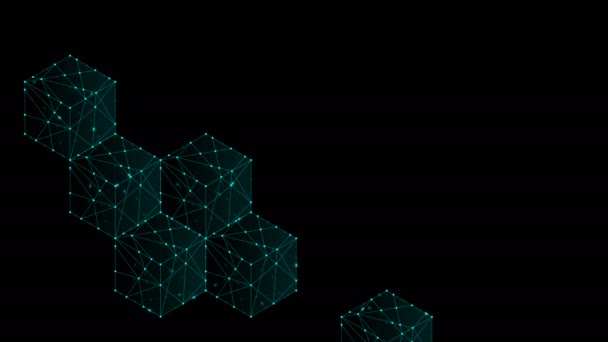 立方体盒等距型式 Blockchain 概念设计插图蓝色绿色 点轮廓描边动画4K 黑色背景 带复制空间 — 图库视频影像