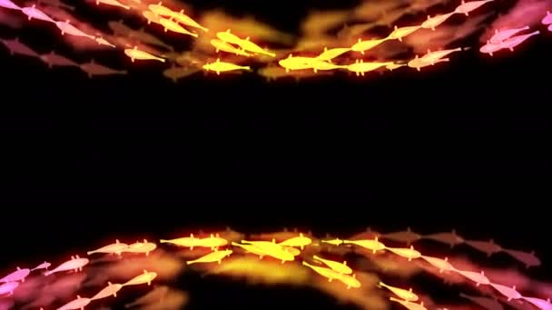 抽象的なボケ味光輝くなコイやパターンを泳ぐ鯉魚黄色しピンクのグラデーション カラー イラストに暗い背景にシームレスなループ アニメーション センター コピー スペースを持つ — ストック動画