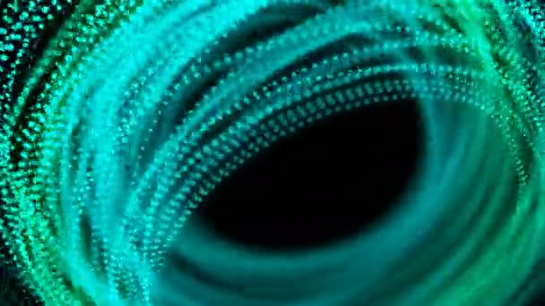 Modèle abstrait d'éclairage de ligne de point mobile bleu et vert dégradé forme de cercle de couleur, conception de concept de réseau de fibre optique rayonnant dans l'arrière-plan sombre, animation en boucle transparente 4K avec espace de copie 