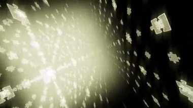 Soyut geometrik kare kutu shap parçalı bulmaca sarı renk parlayan desen arka plan hareketli, kesintisiz döngü animasyonla 4k kopya alanı döndür