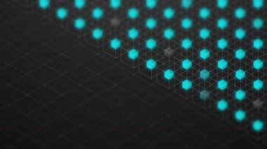 Soyut 3d izometrik sanal tel kafes küp kutusu ve mavi çekirdek ile kare örgü desen illüstrasyon, Blockchain teknoloji konsept tasarımı siyah arka plan, animasyon 4 k döngü sorunsuz
