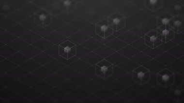 Soyut 3d izometrik sanal tel kafes küp kutusu ve mavi çekirdek ile kare örgü desen illüstrasyon, Blockchain teknoloji konsept tasarımı siyah arka plan, animasyon 4 k döngü sorunsuz