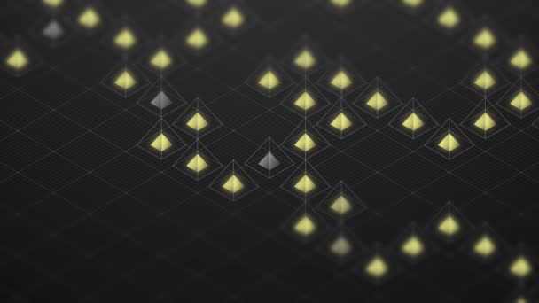 抽象3D 等距虚拟线框正方形金字塔和黄色核心以正方形网纹图 Blockchain 技术概念设计在黑色背景 无缝循环动画4K — 图库视频影像